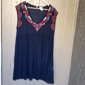 Free People Navy Midi Dress with Red and Blue Embroidery